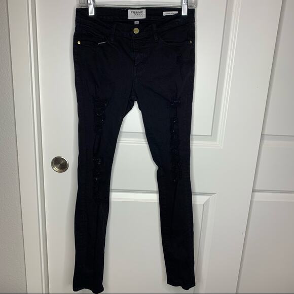 Frame Le Skinny De Jeanne Black Heavily Distressed Skinny Ankle Jeans Size 27 - Picture 2 of 8